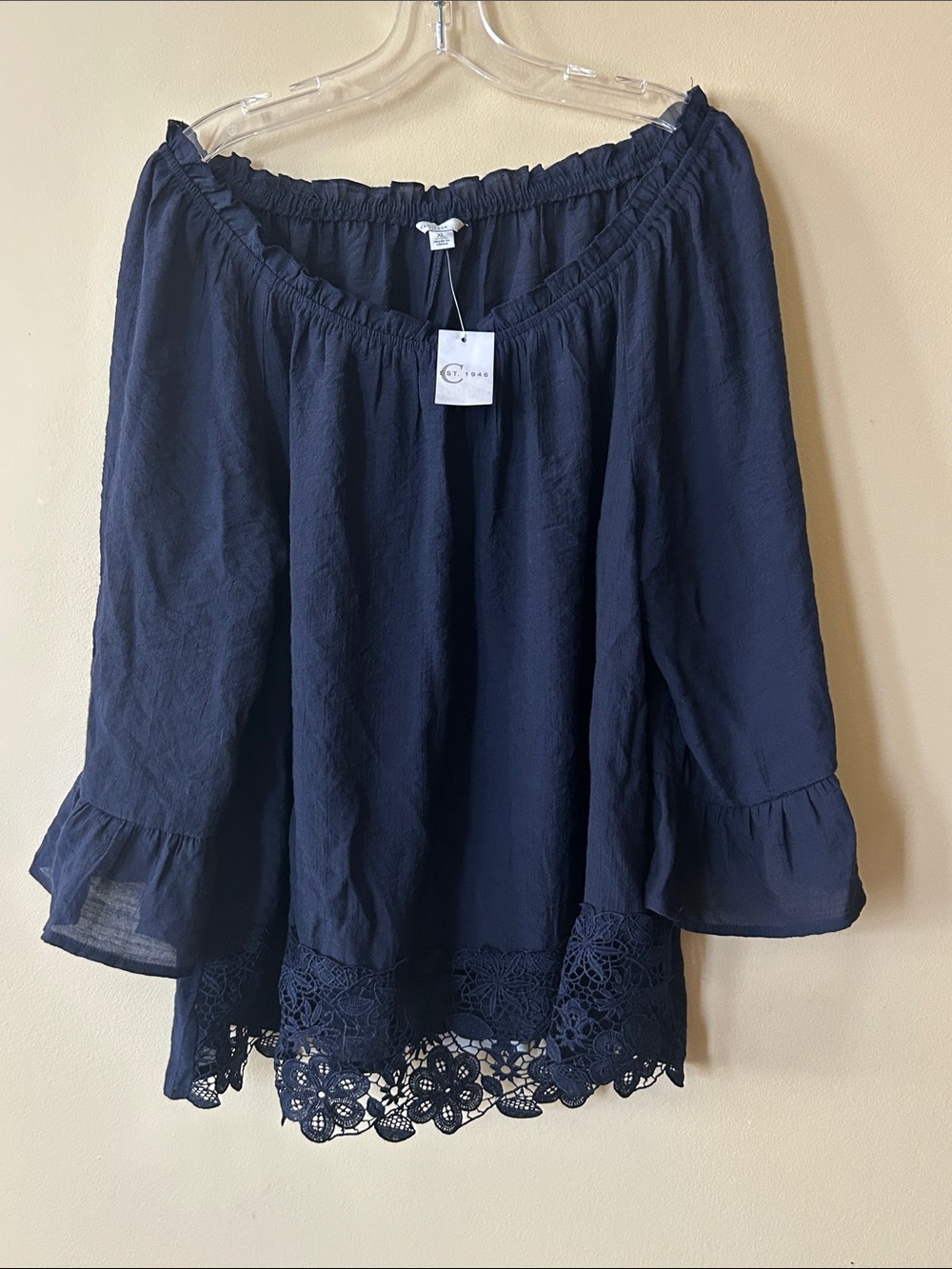 Cynthia Rowley Navy Off-Shoulder Lace-Hem Blouse
